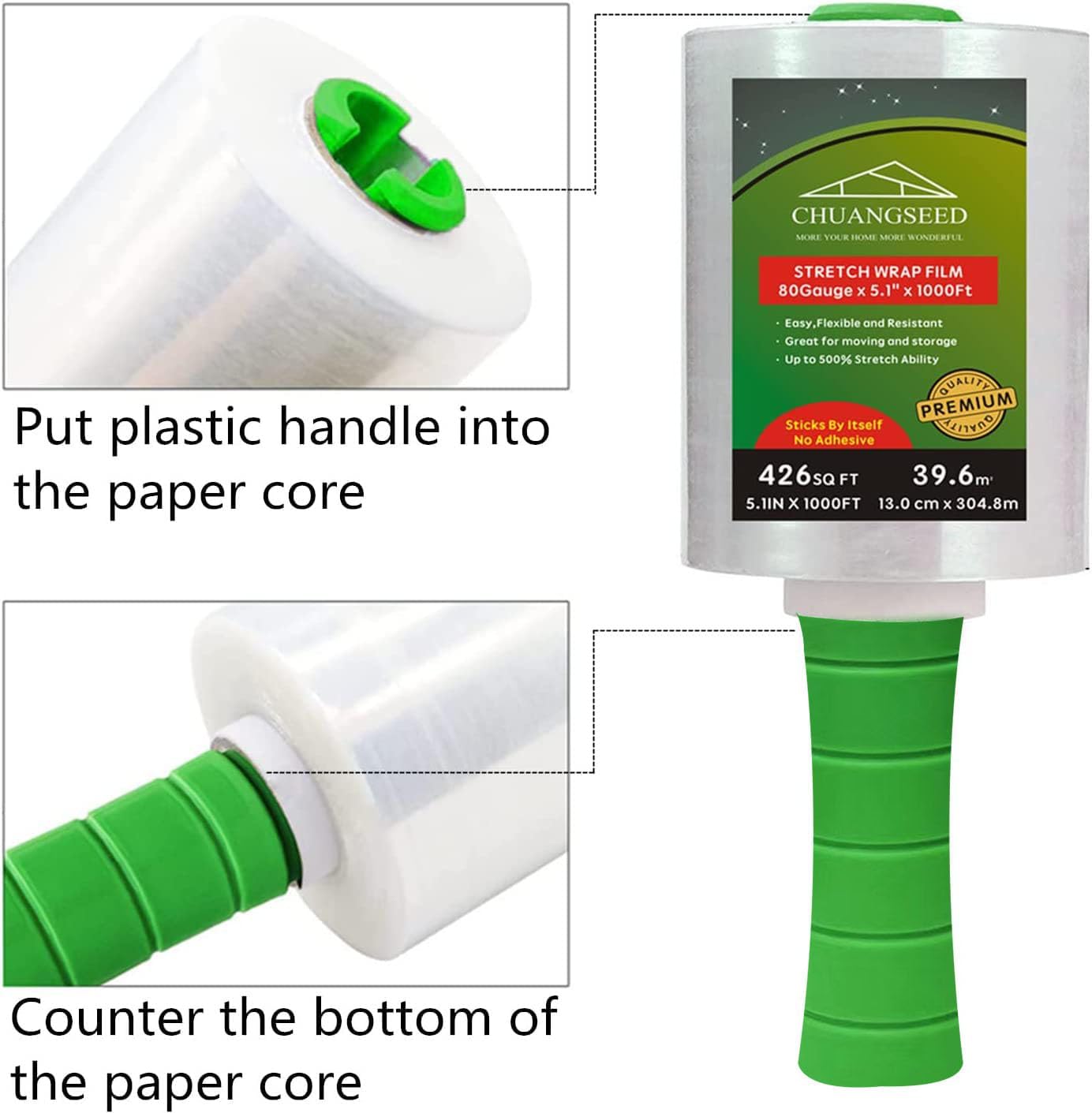 2-Pack Industrial Mini Clear Stretch Wrap Film 80 Gauge 5.1" 1000ft for Pallet Wrap with Plastic Handle,Durable