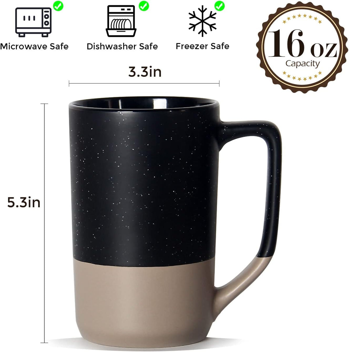 16 OZ Large Coffee Mug, Ceramic Coffee Mugs, Big Tea Cup, Black