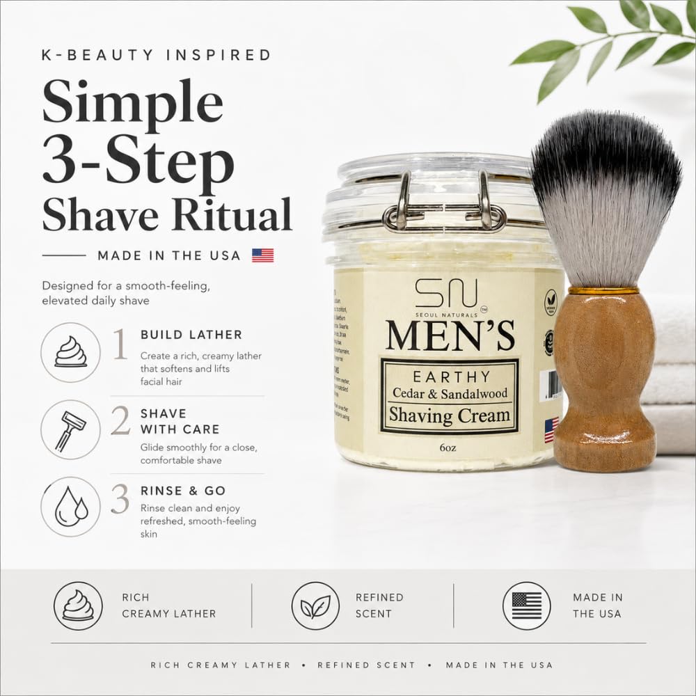 Earthy Cedarwood and Sandalwood Shaving Cream with Barber Brush, k beauty, 6 oz