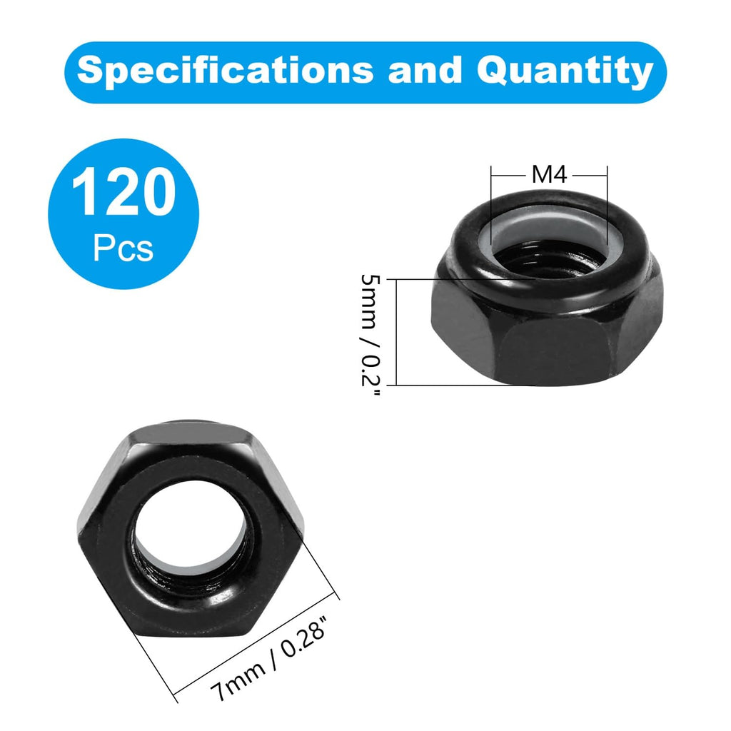 120Pcs M4 x 0.7mm Nylon Insert Hex Lock Nuts Locknuts