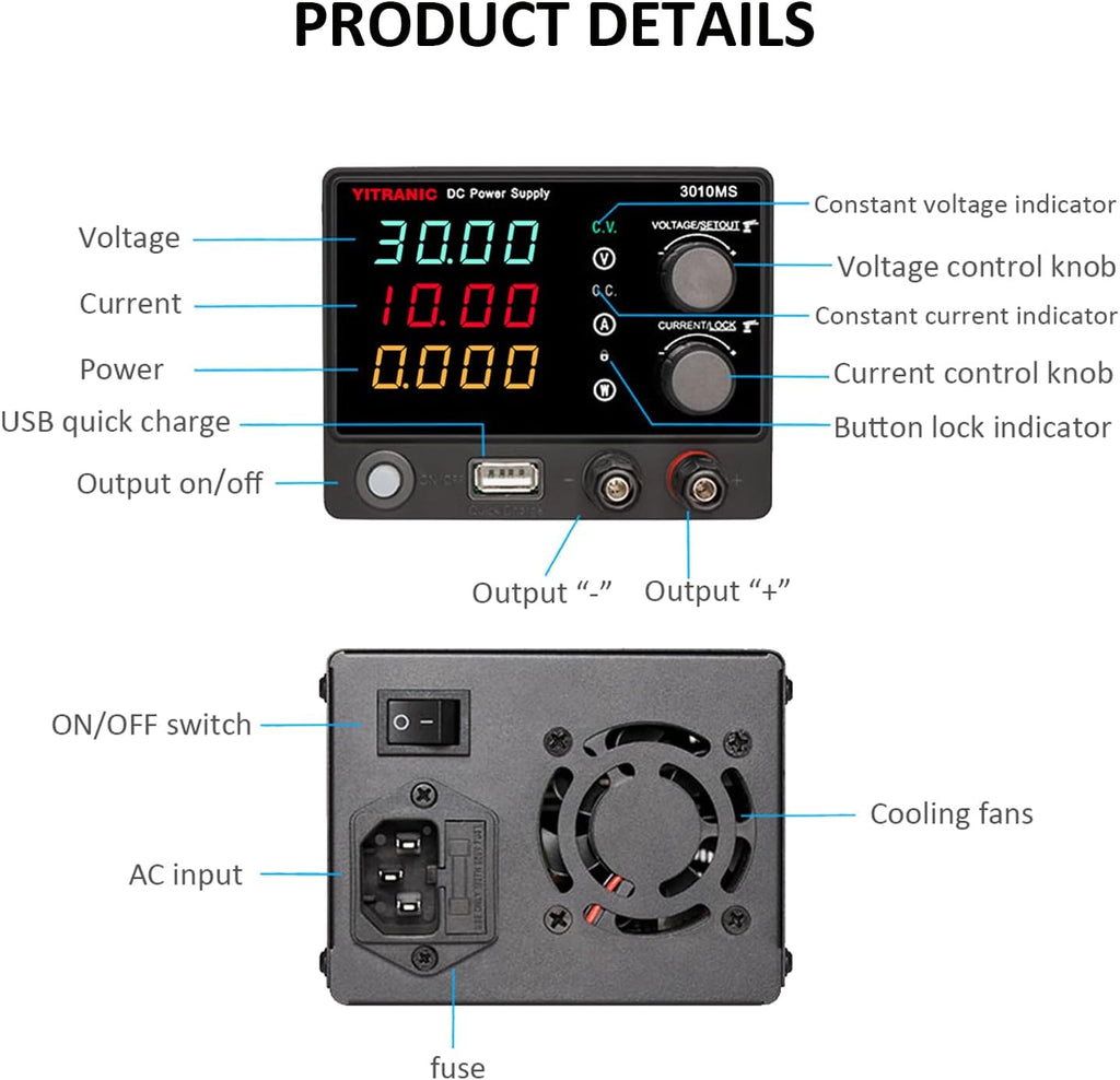 DC Bench Power Supply Variable 0-32V 0-10.1A Lab Source with 4-Digit LED