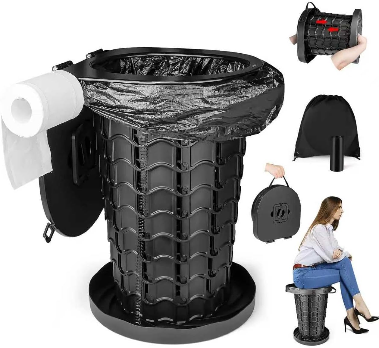 Upgrade Portable Toilet for Adults, Extra Large Seat Travel Potty with Bags & Carry Handle, 18.7" Tall Adjustable