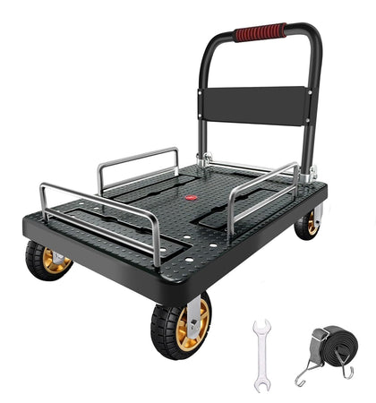 Heavy-Duty Steel Platform Truck Flatbed Cart - Folding Guard Rails - 35.4 x 23.6 in Deck - Brake Swivel Casters