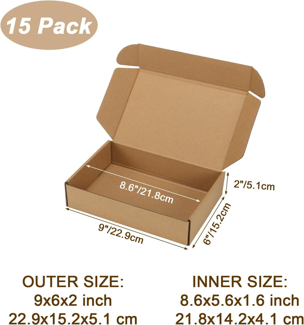 9x6x2 inch Small Shipping Boxes, Set of 15 Mailing Boxes, Brown