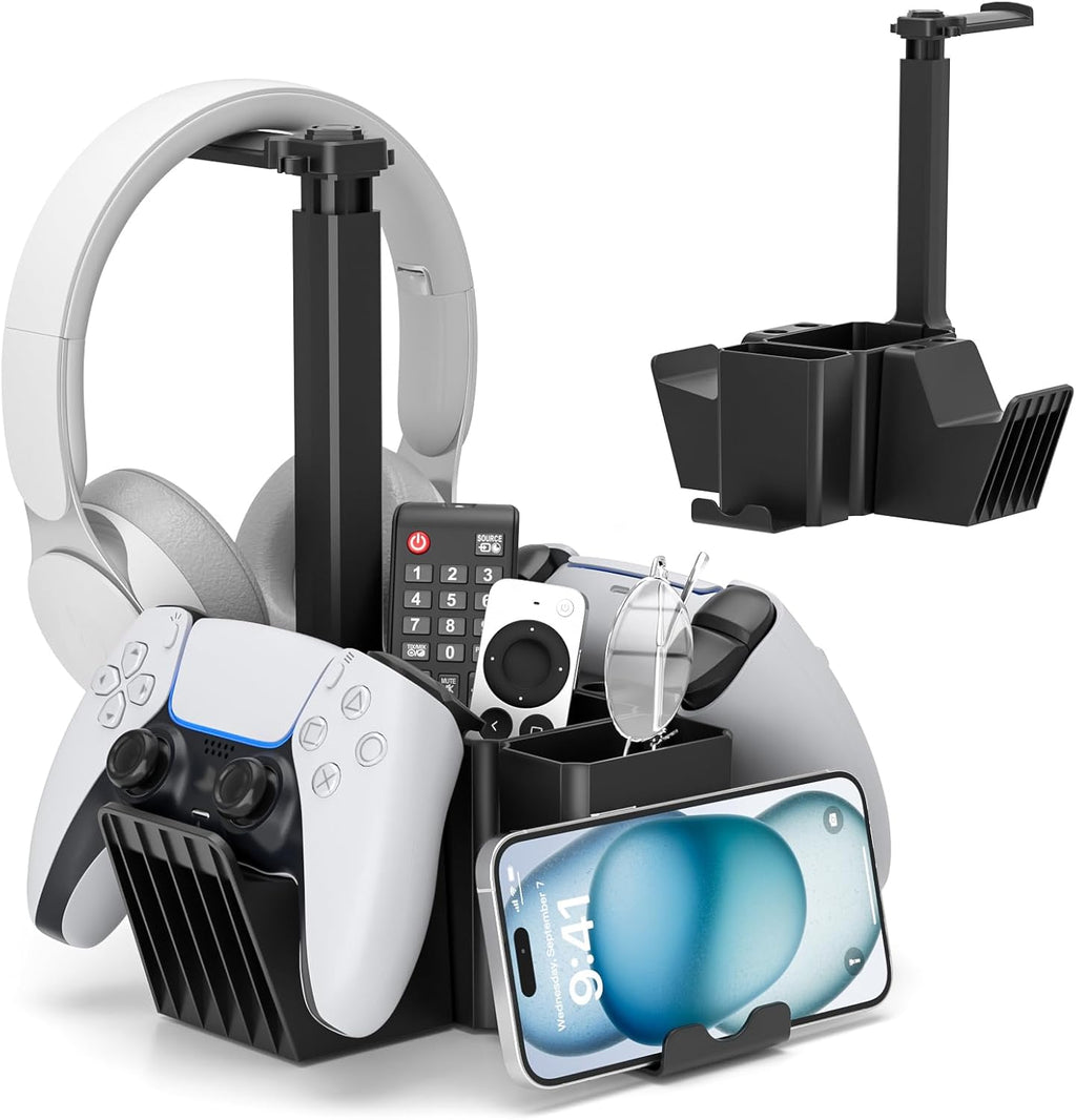 Dual Controller Holder with Headphone Stand - Multi-Functional Desk Storage Box with Phone Holder - Universal
