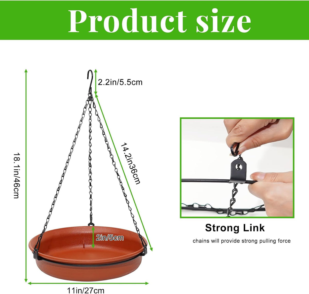 Hanging Bird Bath for Outside, 11" Metal Birdbath & Feeder Bowl, Brown