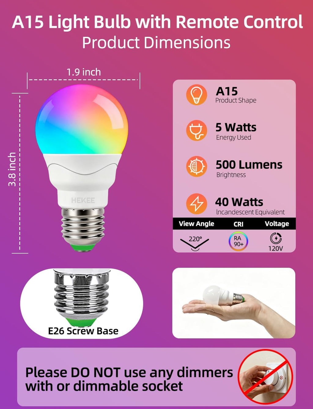 Color Changing Light Bulb 40W Equivalent with Remote Control E26
