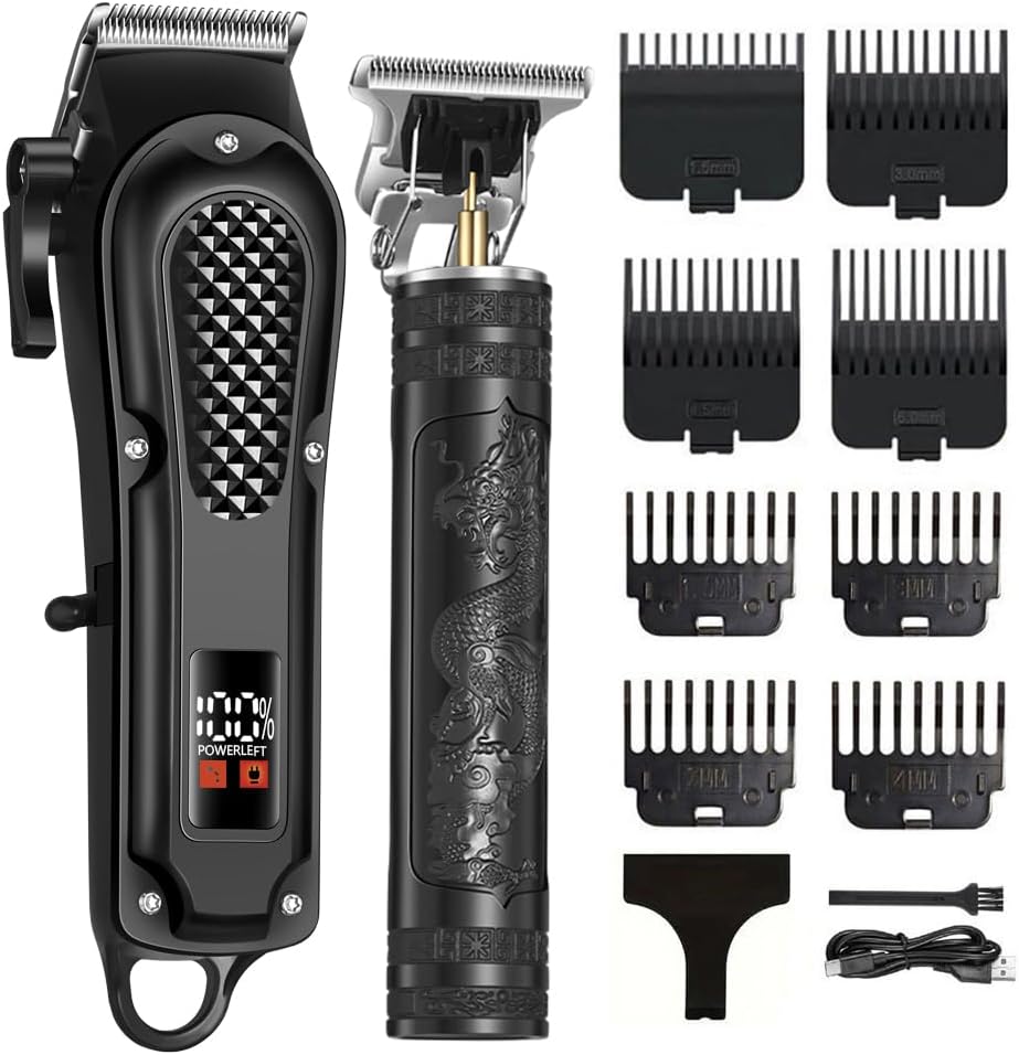 LCD Cordless Hair Clippers for Men, Beard Trimmer & Hair Cutting Kit | 8 Guide Combs, Adjustable Blade, Self Haircut