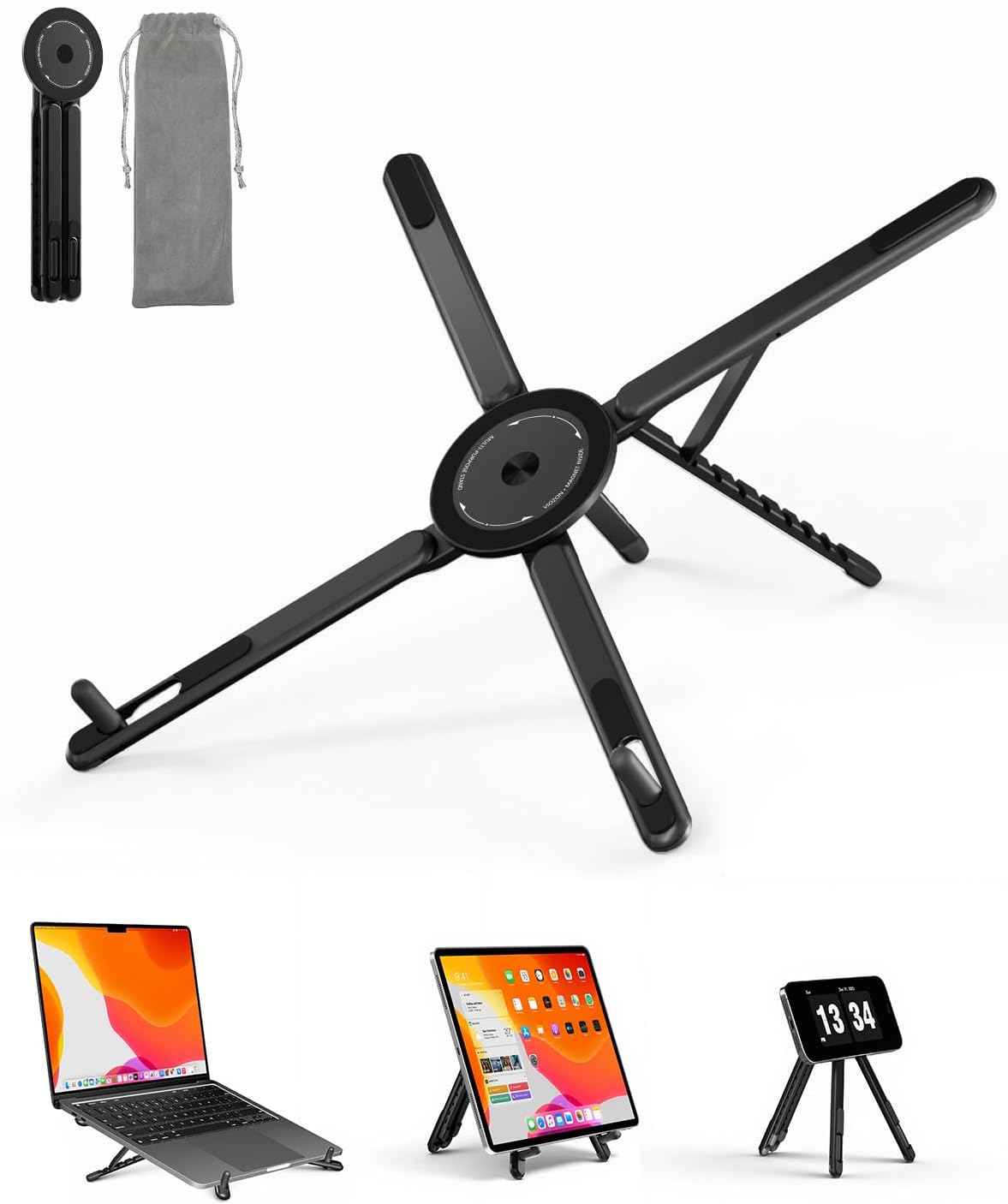 Portable Laptop Stand for Desk, Foldable Adjustable Computer Riser with Magnetic Phone Holder, Aluminum Laptop Stand