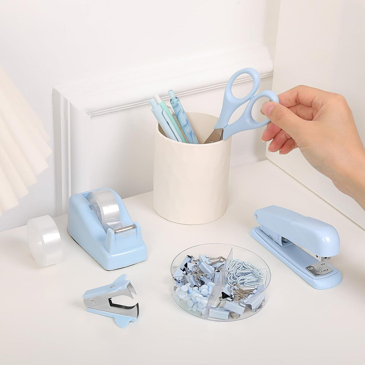 Blue Office Desk Accessories, Stapler and Tape Dispenser Set,10PCS
