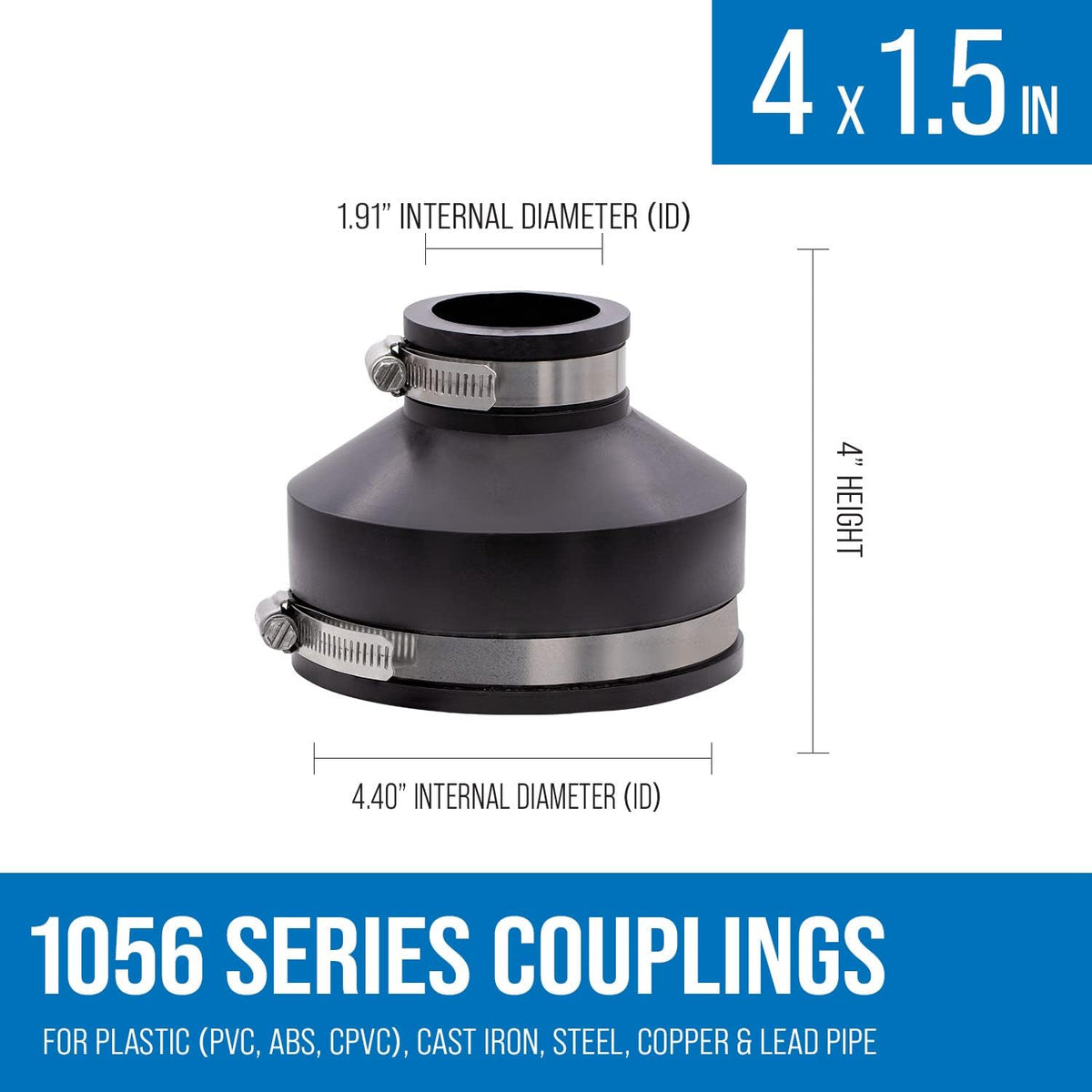 Fernco 1056-415 4-in. x 1-1/2-in. Flexible PVC Reducing Pipe Coupling for Cast Iron and Plastic Plumbing Connections, 2-Pack