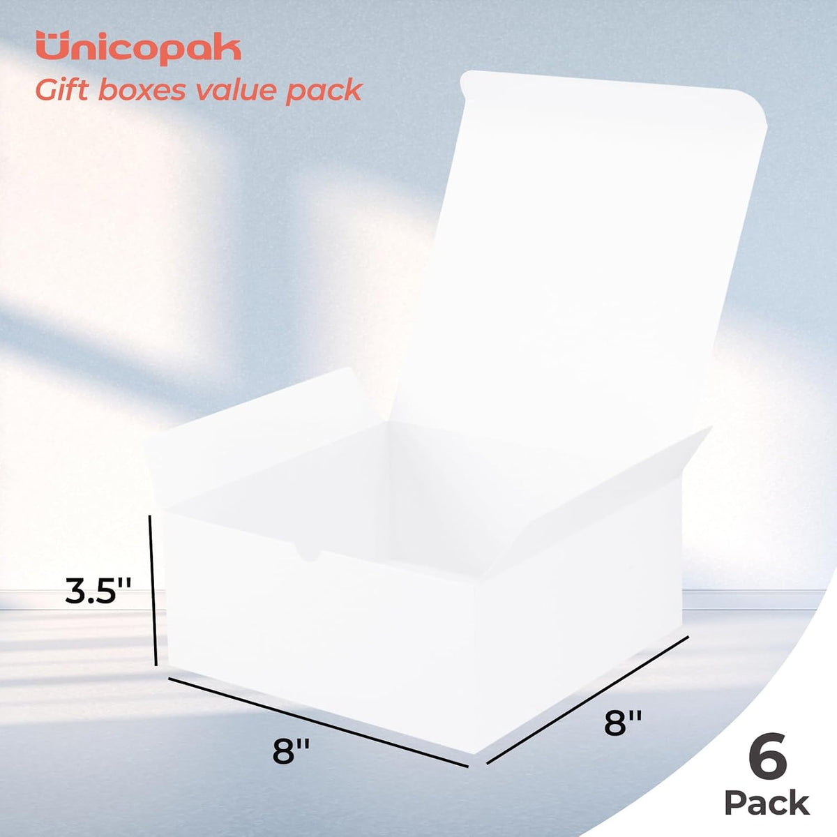 6 Pack 8x8x3.5 Inch Medium White Gift Boxes with Lids for Presents