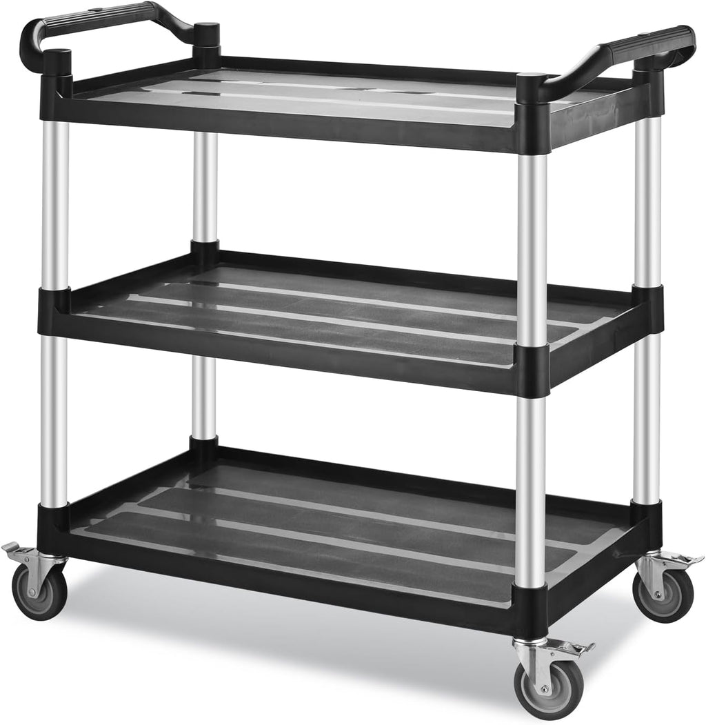 Utility Rolling Carts with Wheels, Large Plastic Service Carts, Heavy Duty Restaurant Cart with 4 Brake Lockable