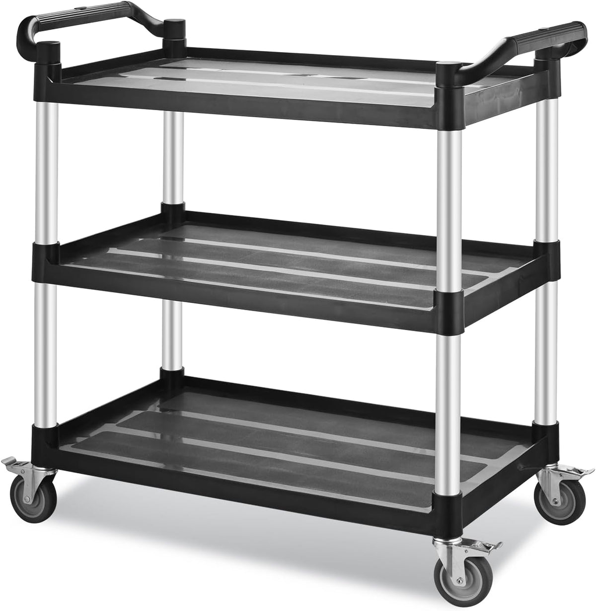 Utility Rolling Carts with Wheels, Large Plastic Service Carts, Heavy Duty Restaurant Cart with 4 Brake Lockable