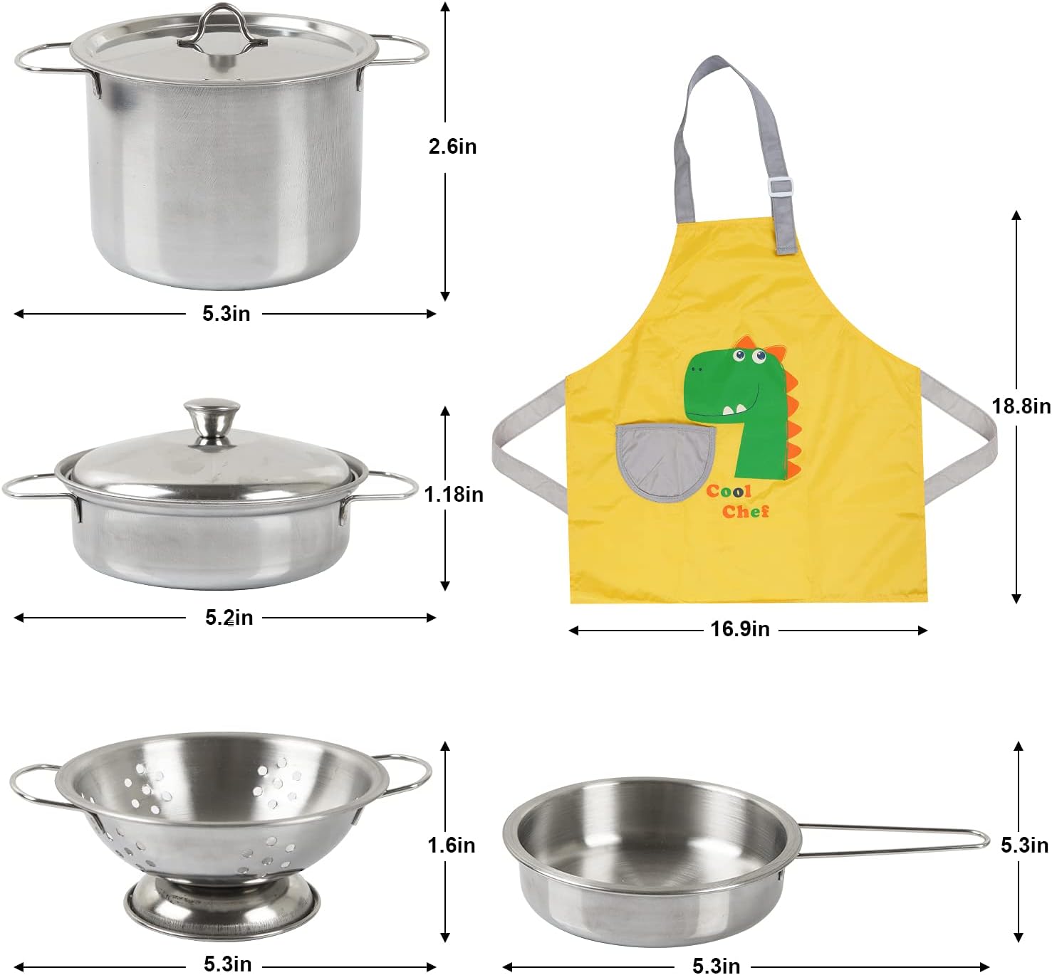 Play Kitchen Accessories, Wooden Play Food, Cooking Set with Stainless Steel Cookware Pots and Pans Utensils, Apron