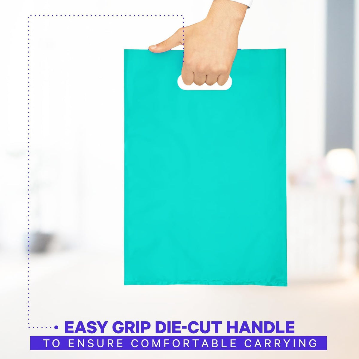 Plastic Shopping Bag with Die Cut Handle, 12" x 15" Teal, 100 Pack