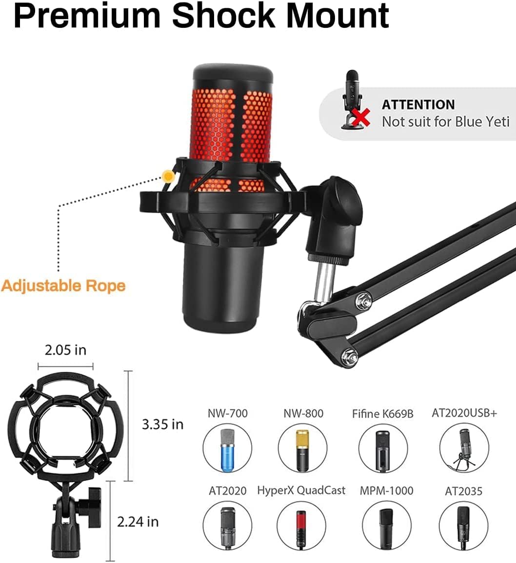 Microphone Stand for Blue Yeti, Quadcast Boom Arm Scissor Mic Stand with Windscreen and Double layered screen Pop