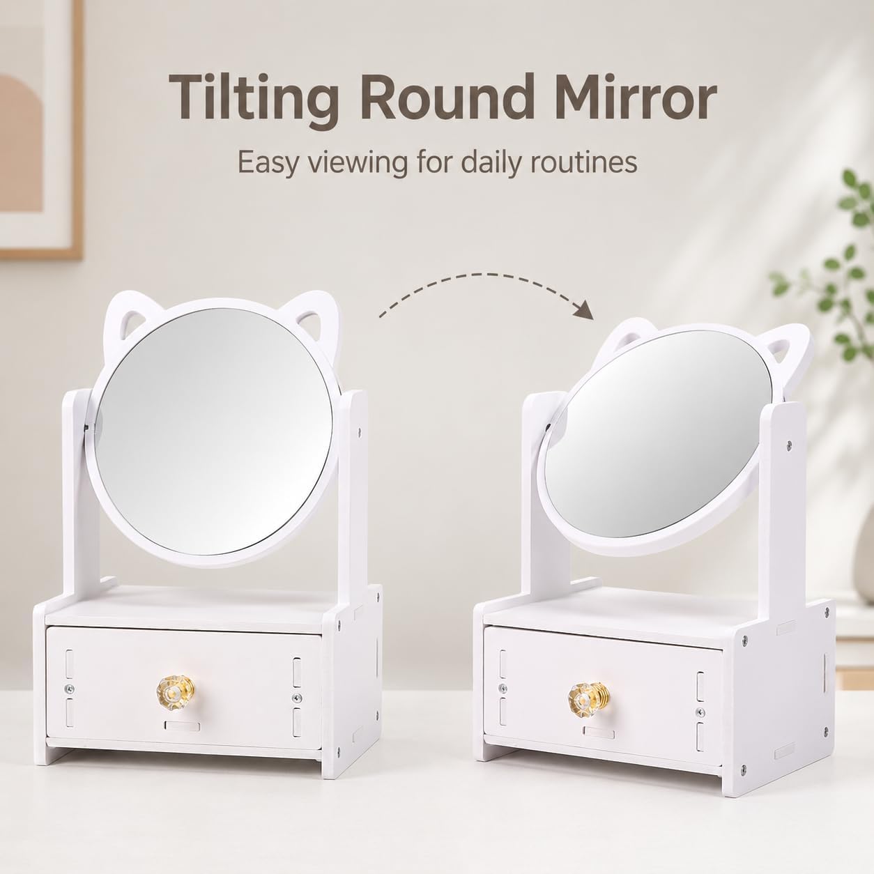 Desktop Makeup Mirror Organizer with Drawers, Compact Vanity Storage Box, Round Mirror, Cosmetic, Skincare and Jewelry