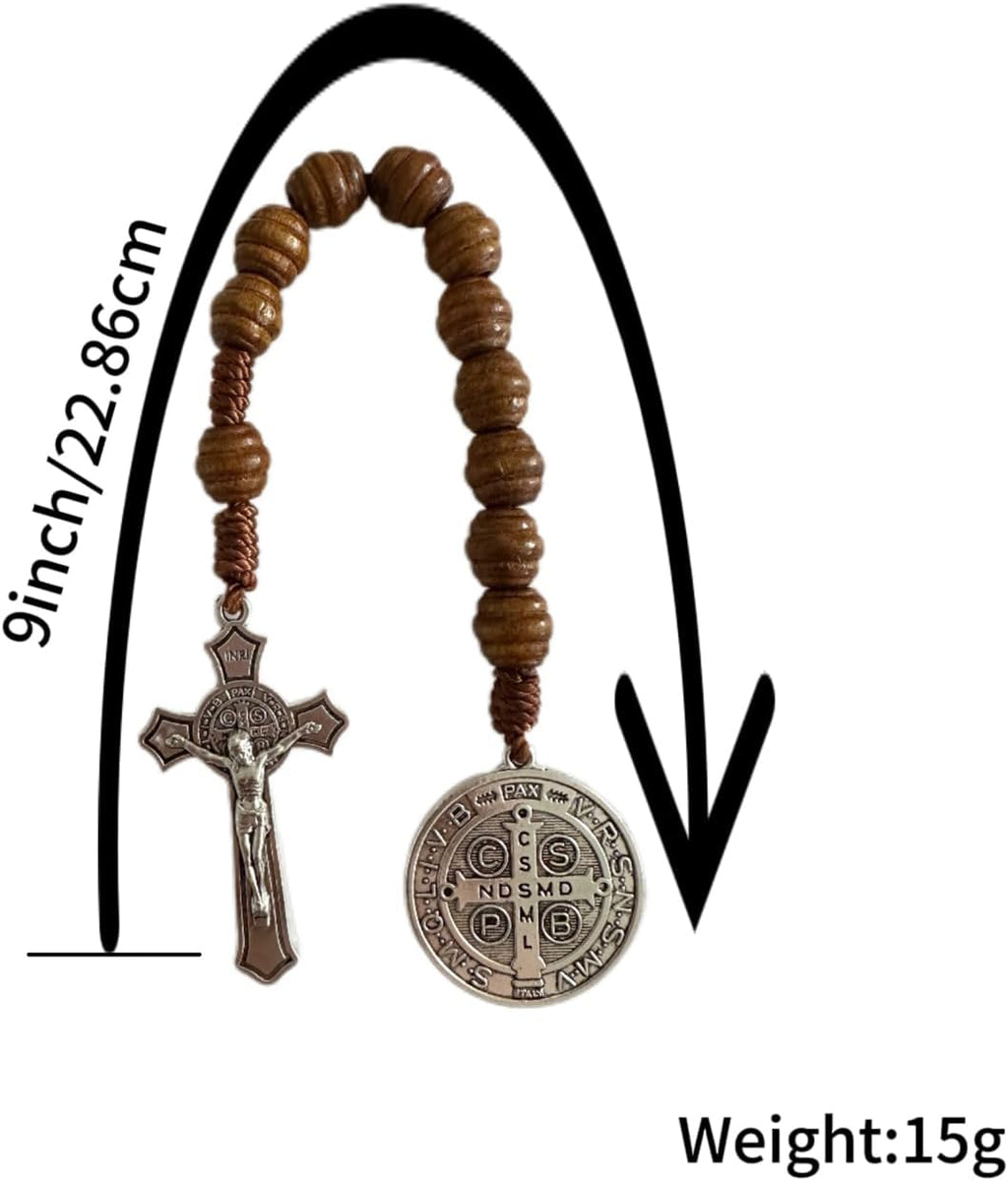 Saint Benedict Medal Prayer Pocket Rosary Catholic Brown Wood Beads with Medalla de san benitol and Crucifix, 9 Inch