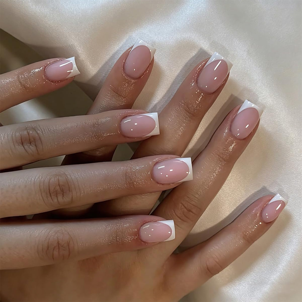 White French Tip Press on Nails Square Short Fake Nails Nature False Nails Press ons Glossy Acrylic Nails Reusable