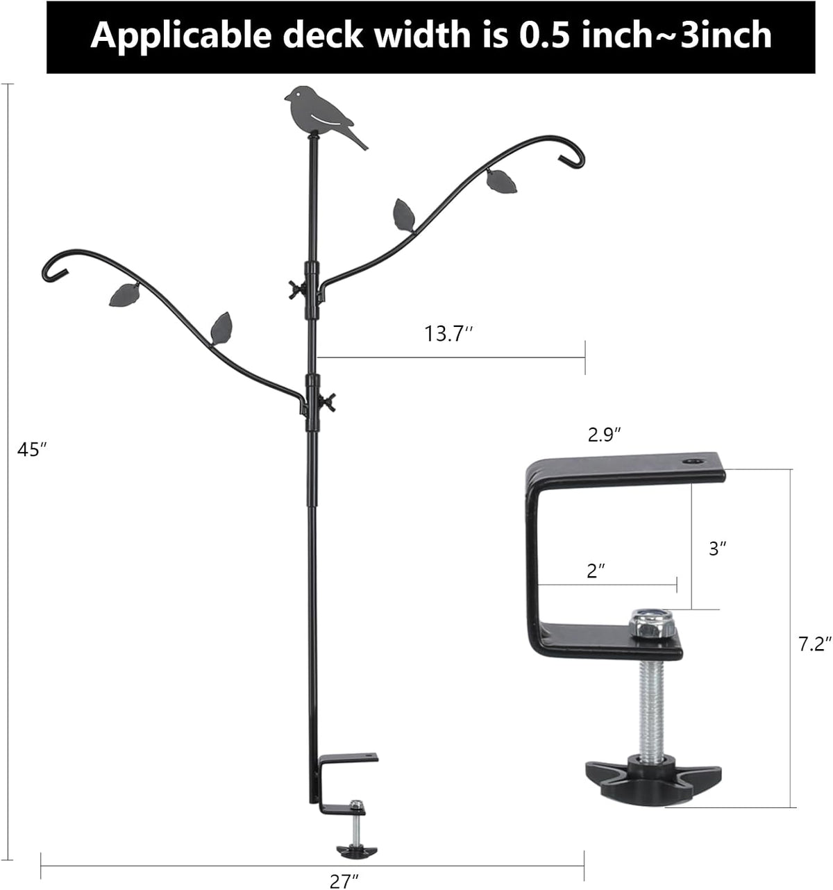 Deck Bird Feeder Pole, 42 Inches, Multiple Hooks, Adjustable, Detachable, Heavy Duty Steel, Stable, Black