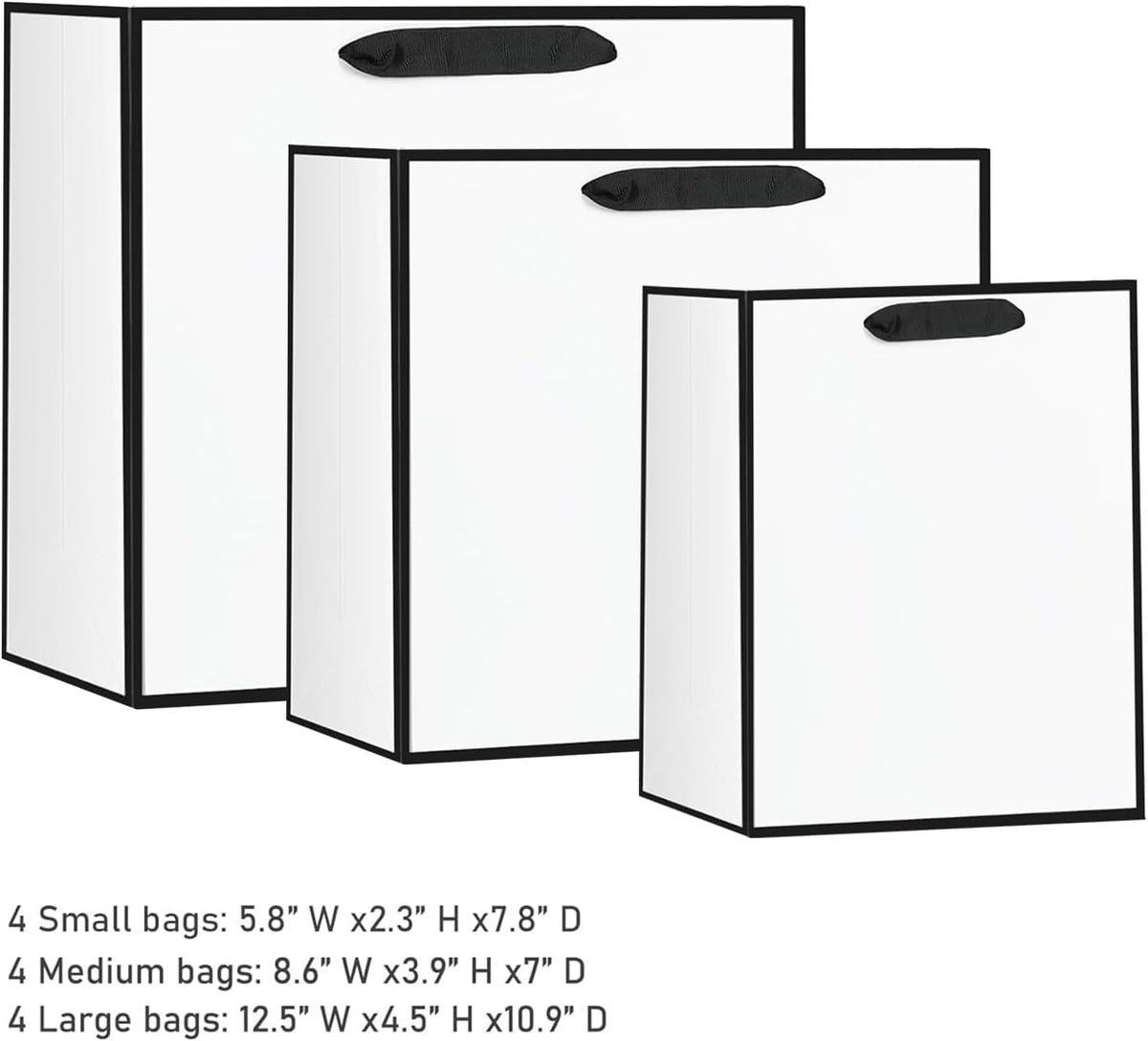 12Pcs White Gift Bags with Tissue Assorted Paper Bag S/M/L