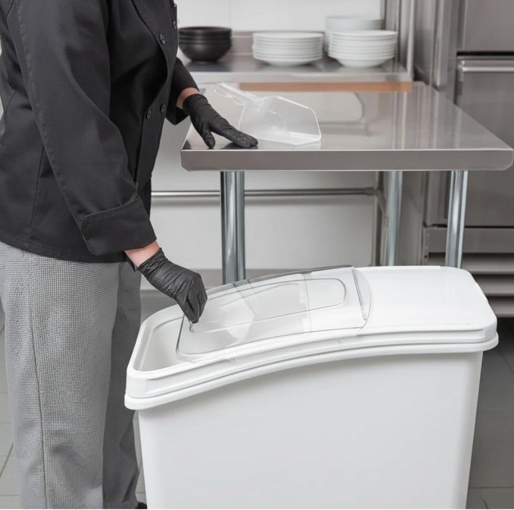 27 Gallon Shelf Ingredient Bin (430 Cups) White with Clear Sliding Lid Casters & Measuring Scoop- Plastic Kitchen