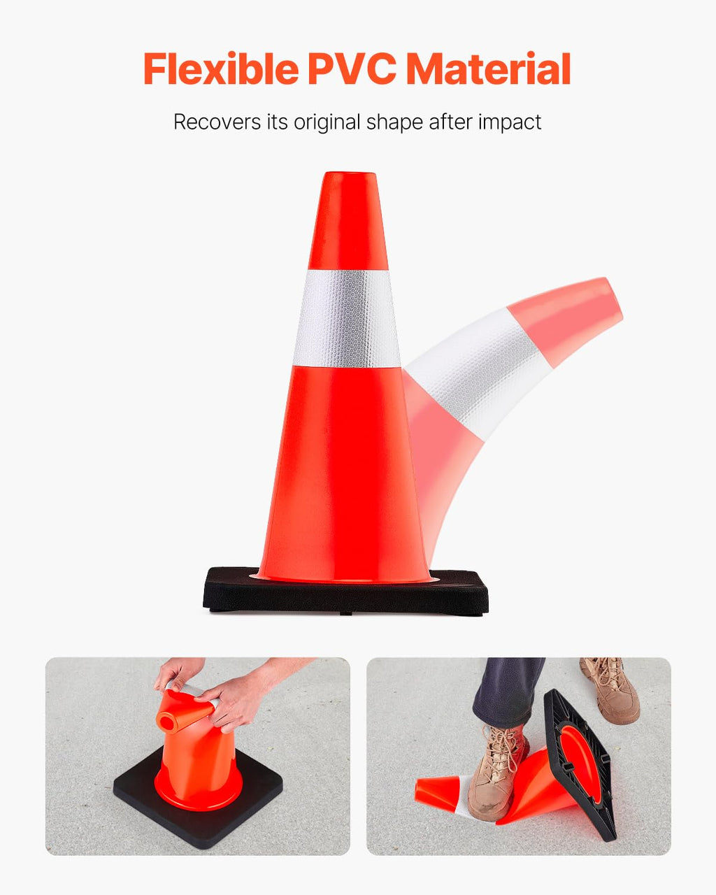 Safety Cones, 5 Pack 18" Traffic Cones, PVC Orange Construction Cones with Reflective Collars and Black Weighted Base