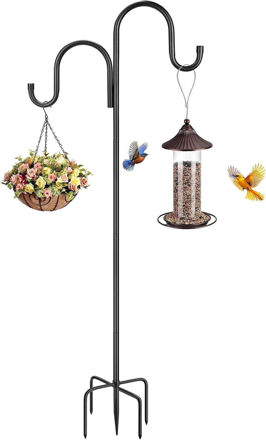 79 Inch Double Shepherds Hooks for Outdoor, Heavy Duty Bird Feeder Pole with 5 Prongs Base for Hanging Lantern