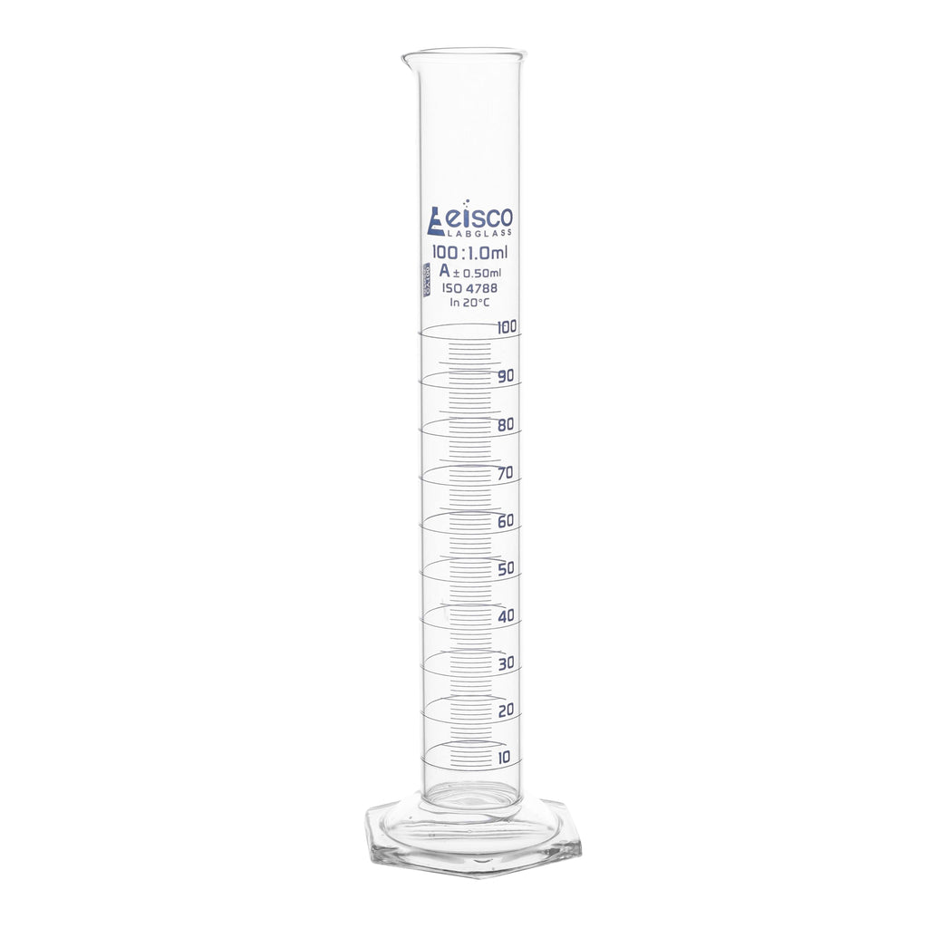Graduated Cylinder, 100ml - Class A Tolerance ±0.50ml - Hexagonal Base - Blue Graduations - Borosilicate 3.3 Glass - Eisco Labs