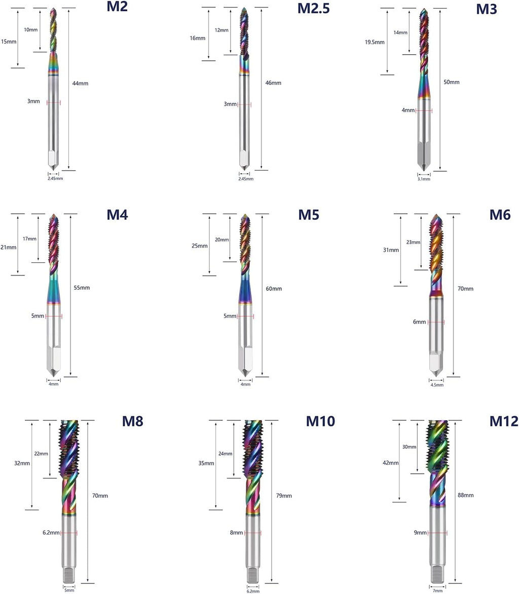 Tools DLC Coating Spiral Flute Taps High Speed Steel (HSS) 3 Flutes Machine Screw Tap Set Metric M2 M2.5 M3 M4 M5 M6 M8 M10 M12 Thread Tapping Tool 9cps
