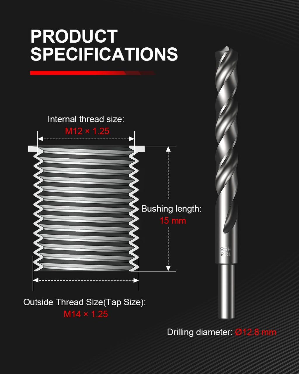 Kolvoii M12x1.25 Thread Repair Kit, 10 Solid 304 Stainless Steel Inserts