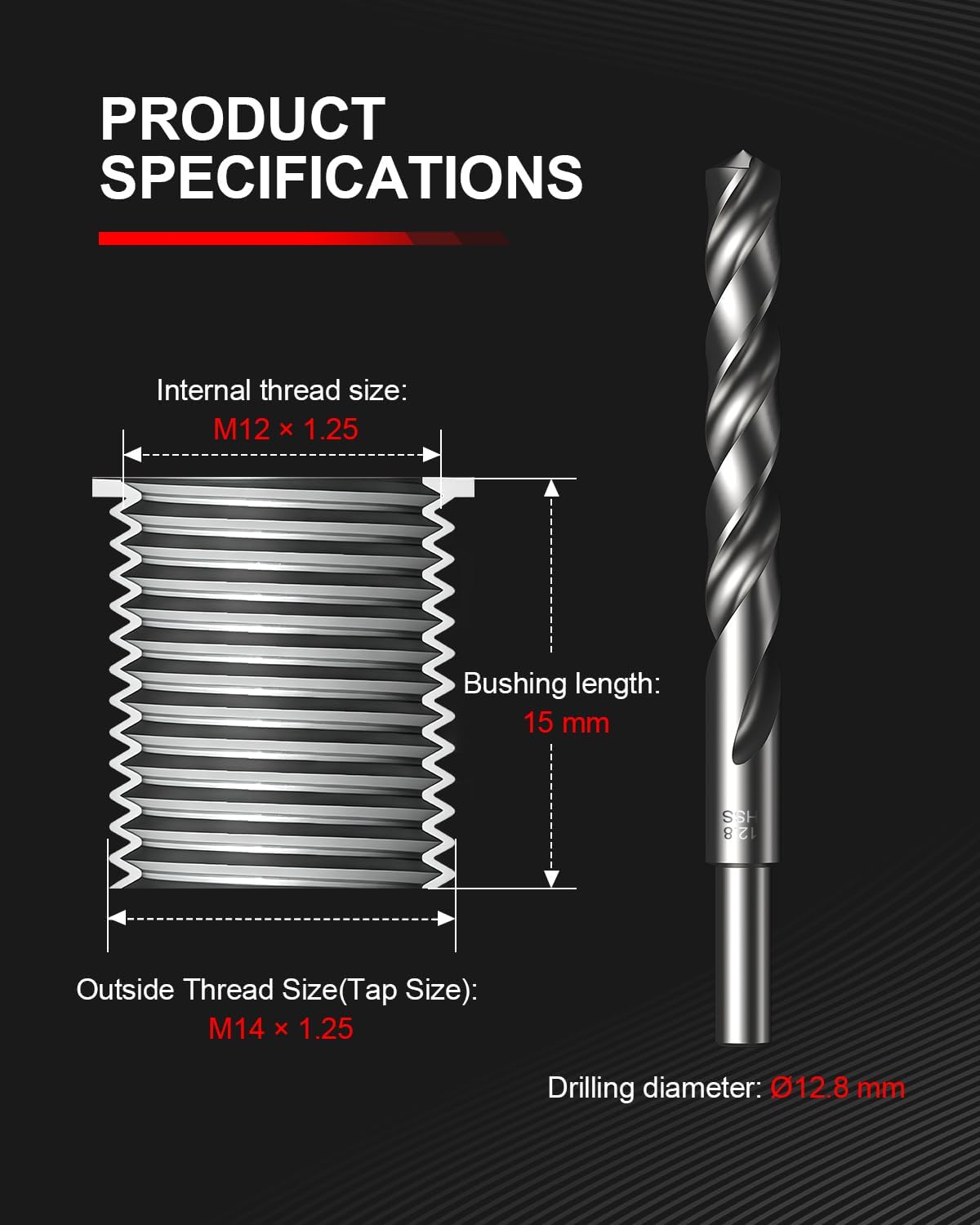 Kolvoii M12x1.25 Thread Repair Kit, 10 Solid 304 Stainless Steel Inserts