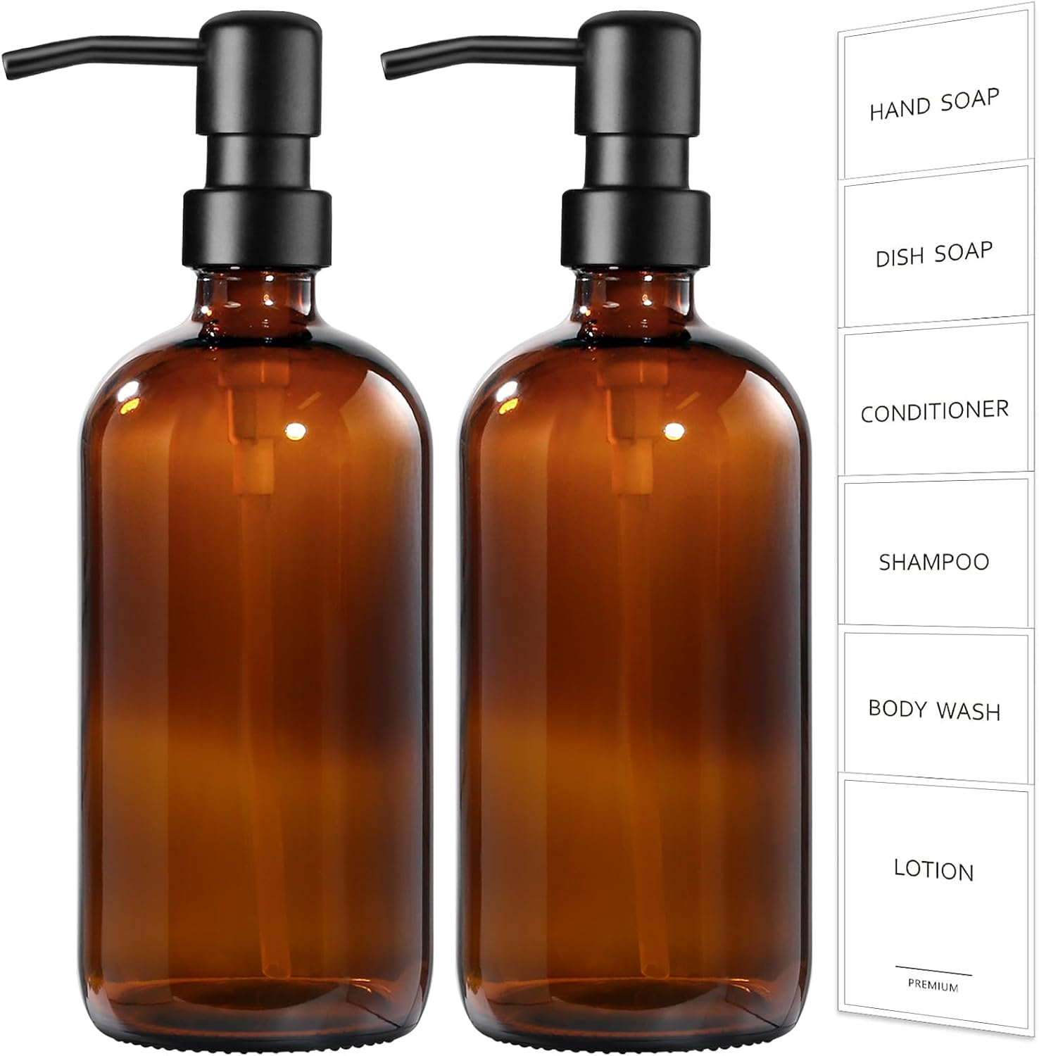 Amber Glass Soap Dispenser, 2 Pack Bathroom Hand Soap Dispensers with Stainless Steel Pump, 17 Fl Oz Kitchen Hand and