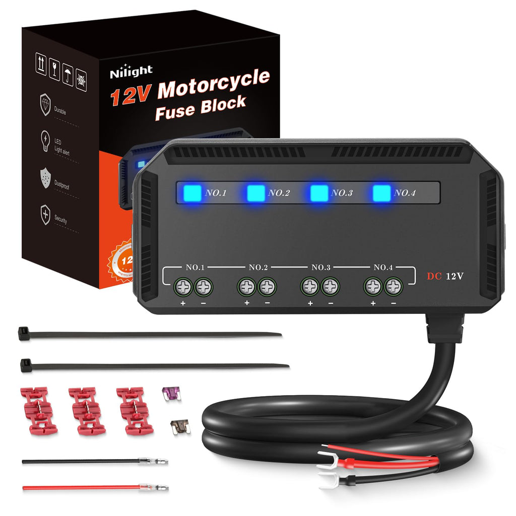 12V Motorcycle Fuse Box 20A Low Profile Terminal Block Holder w/LED Indicator 4 Circuits Protection Battery Relay for
