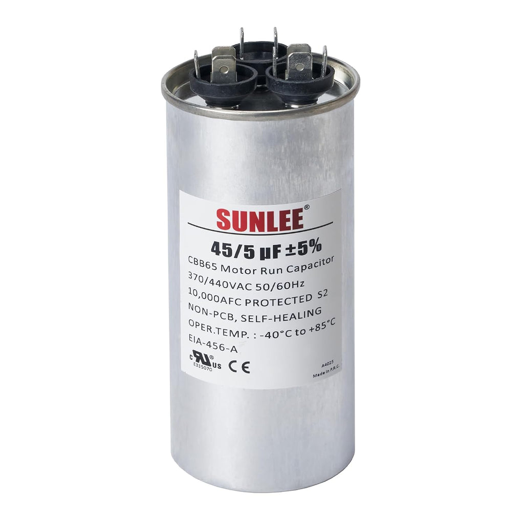 SUNLEE AC Capacitor 45/5 uF 370V / 440V CBB65 Dual Run Round - 45/5 MFD Run Capacitor for HVAC, Air Conditioner Condenser - UL Recognized & 5 Year Warranty