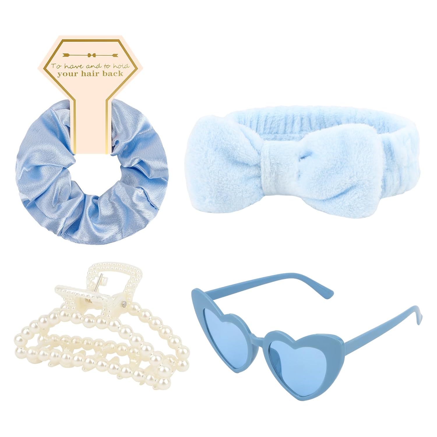 4PCS Bridesmaid Proposal Gift Set Heart Sunglasses Pearl Hair Claw Clip Satin Hair Scrunchies Bridesmaid Spa Headband
