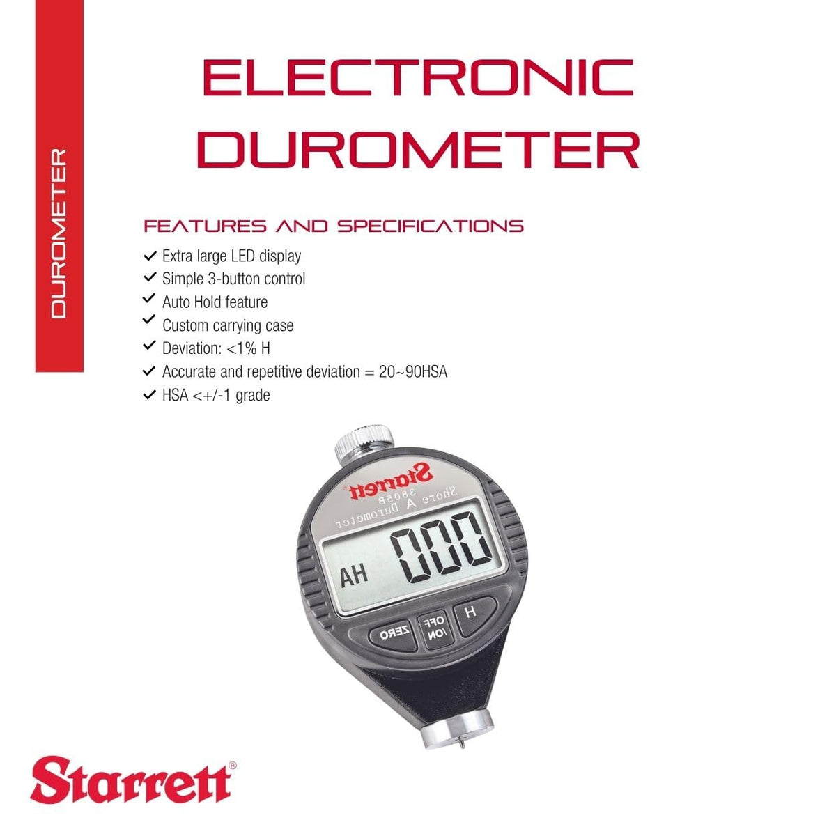 Starrett Digital Durometer, Shore A Scale - 0-100 HSA