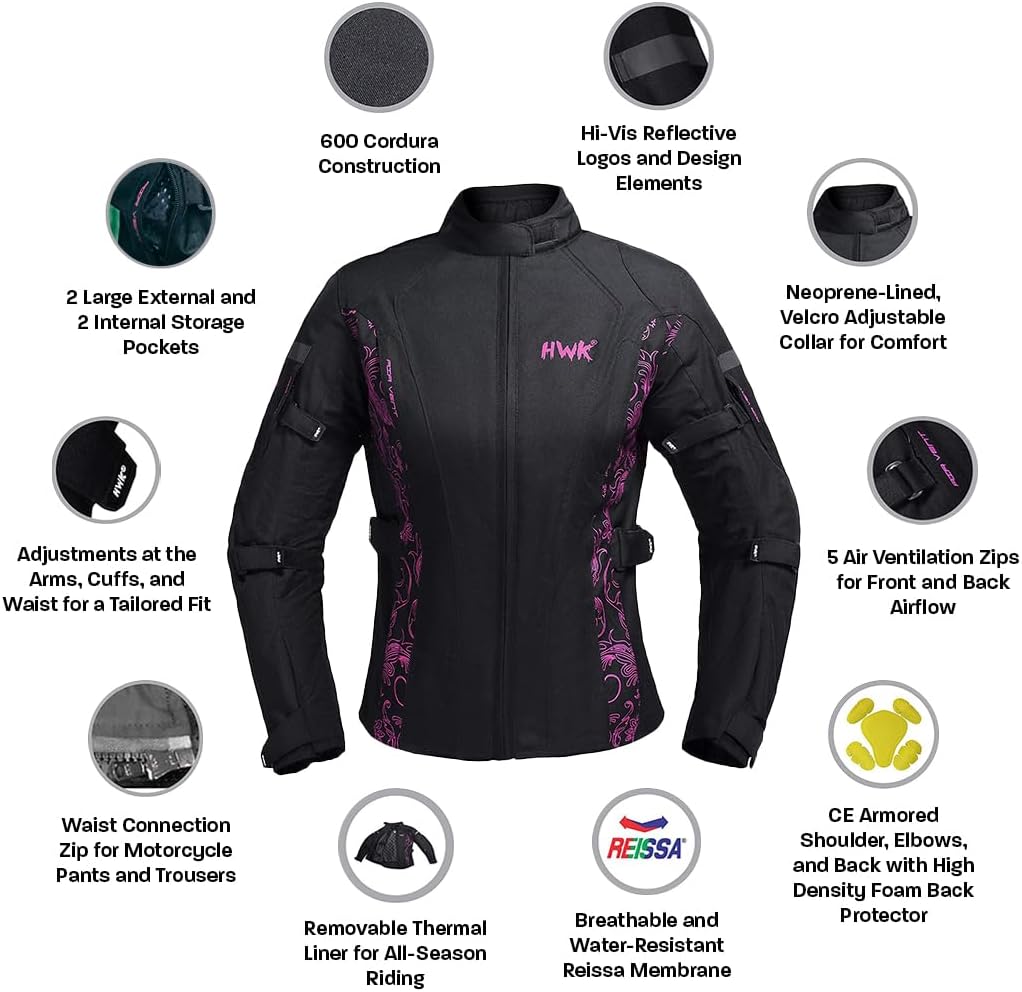 HWK Motorcycle Jacket Women with CE Armor, Codura Water Resistant - Medium