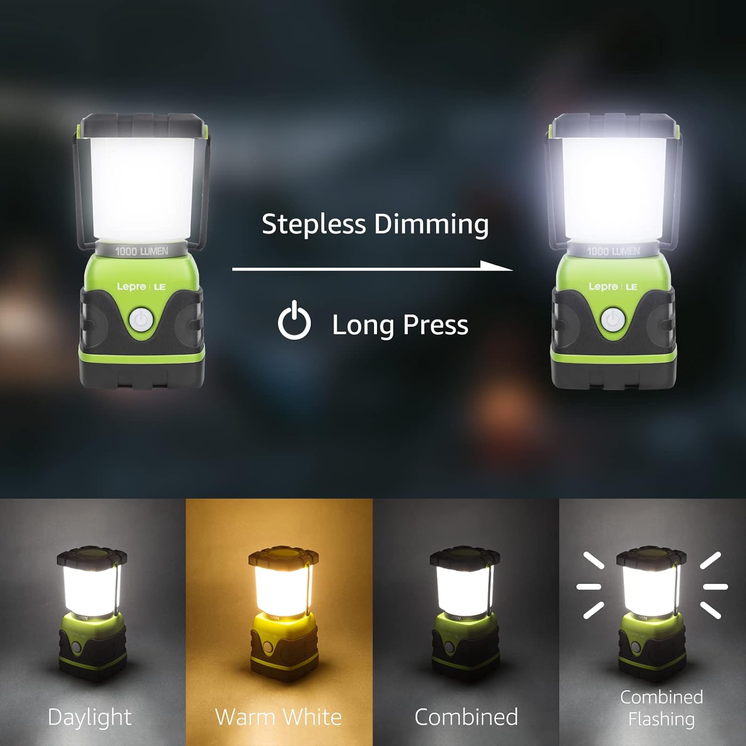1000LM Battery Powered LED Camping Lantern, Green Tent Light with 4 Light Modes, Camping Essentials, Waterproof