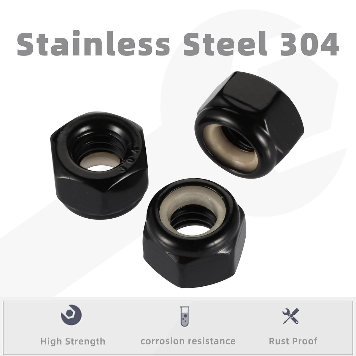#8-32 Nylon Insert Lock Nuts Locknuts, 304 Stainless Steel Black Finish, 50 PCS