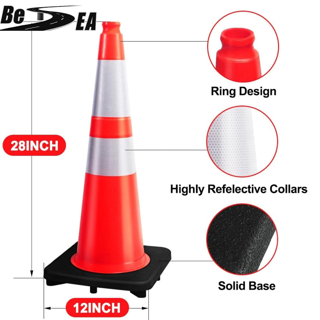 28 Inch Orange Traffic Cones, Heavy Duty Rubber Base | Heavy Duty Safety Cones with Weighted Rubber Base, Stable