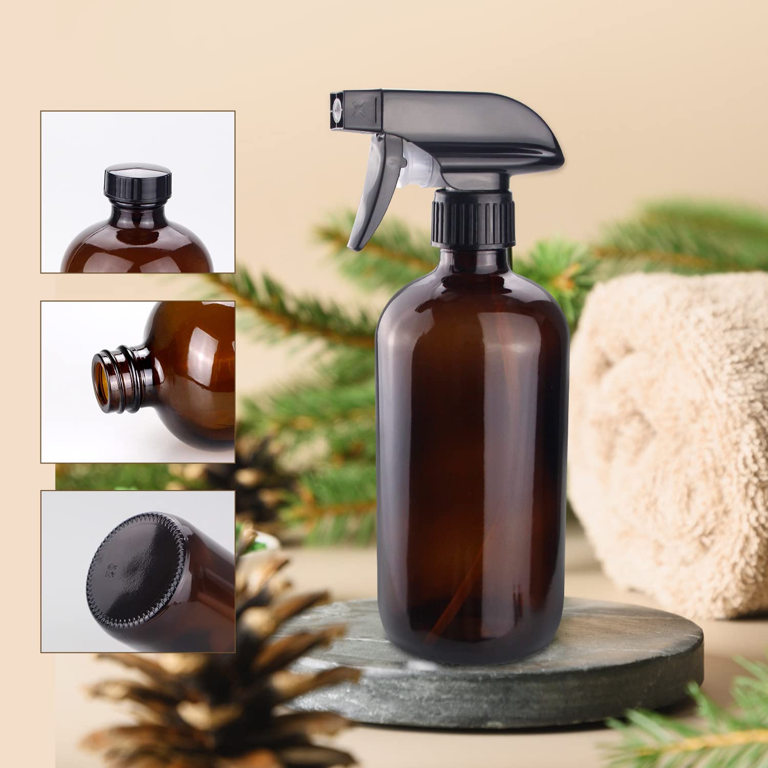 Amber Glass Spray Bottles, 16 oz Glass Spray Bottles for Cleaning Solutions and Essential Oils, Refillable Empty