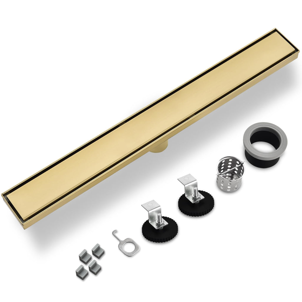 24‑Inch Linear Shower Drain, Brushed Gold Tile‑Insert Panel