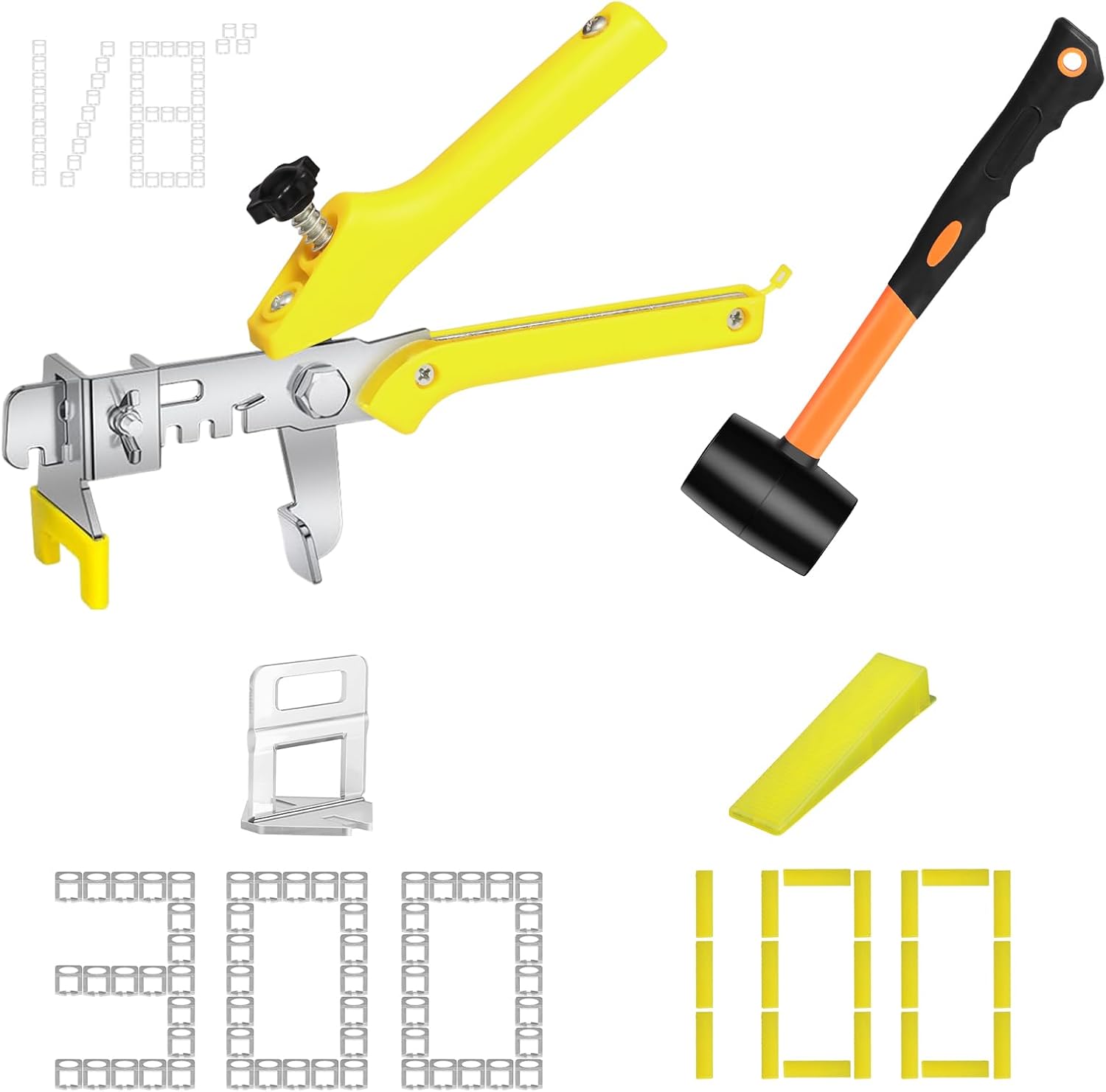 1/8 Inch Tile Leveling System, 300 tile Spacers and 100 Wedges | Tile Leveling Clips with Tile Pliers and Rubber