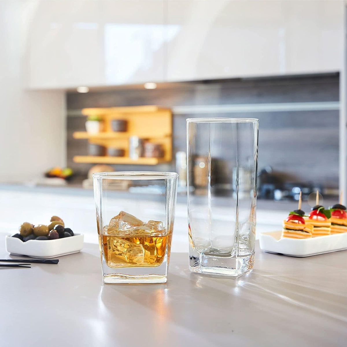 Square Everyday Drinking Glasses - Set of 16 Kitchen Drinkware Glass Cups.