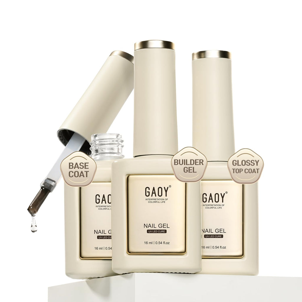 Gel Top Coat, Builder Gel and Base Coat Set, 16ml 3 Pcs Clear Glossy No Wipe Combination for Long Lasting UV Light