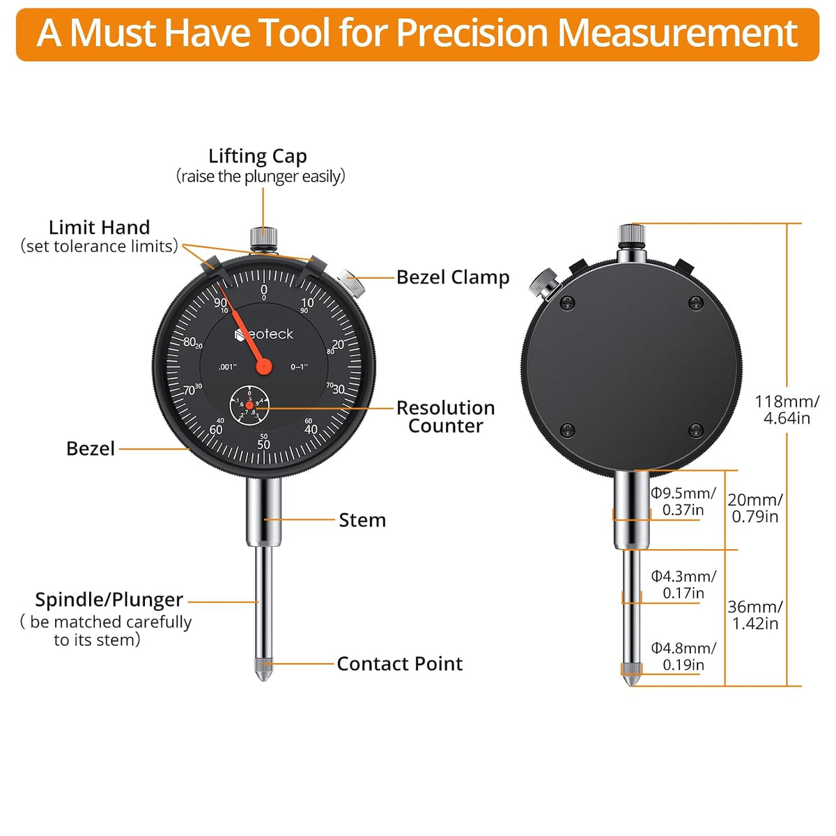 Neoteck 1"/0.001" Dial Indicator,Dial Gauge Full Metal Construction