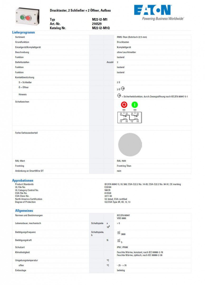 Eaton 216529 Push Button, 2 Contacts, 2 openers, Construction