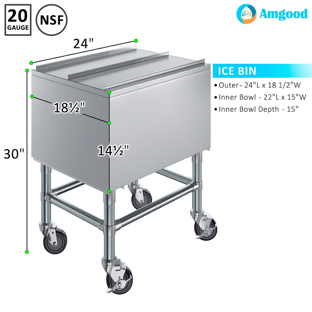 18 in. x 24 in. Stainless Steel Mobile Ice Bin with Sliding Lid – Insulated, with Bottle Holders & Casters